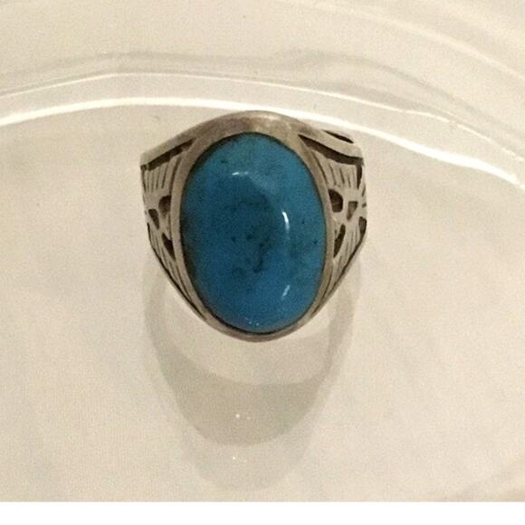Fred Harvey Era Navajo Double Thunderbird Sterling Turquoise Ring Sz 6.75 - Picture 3 of 10